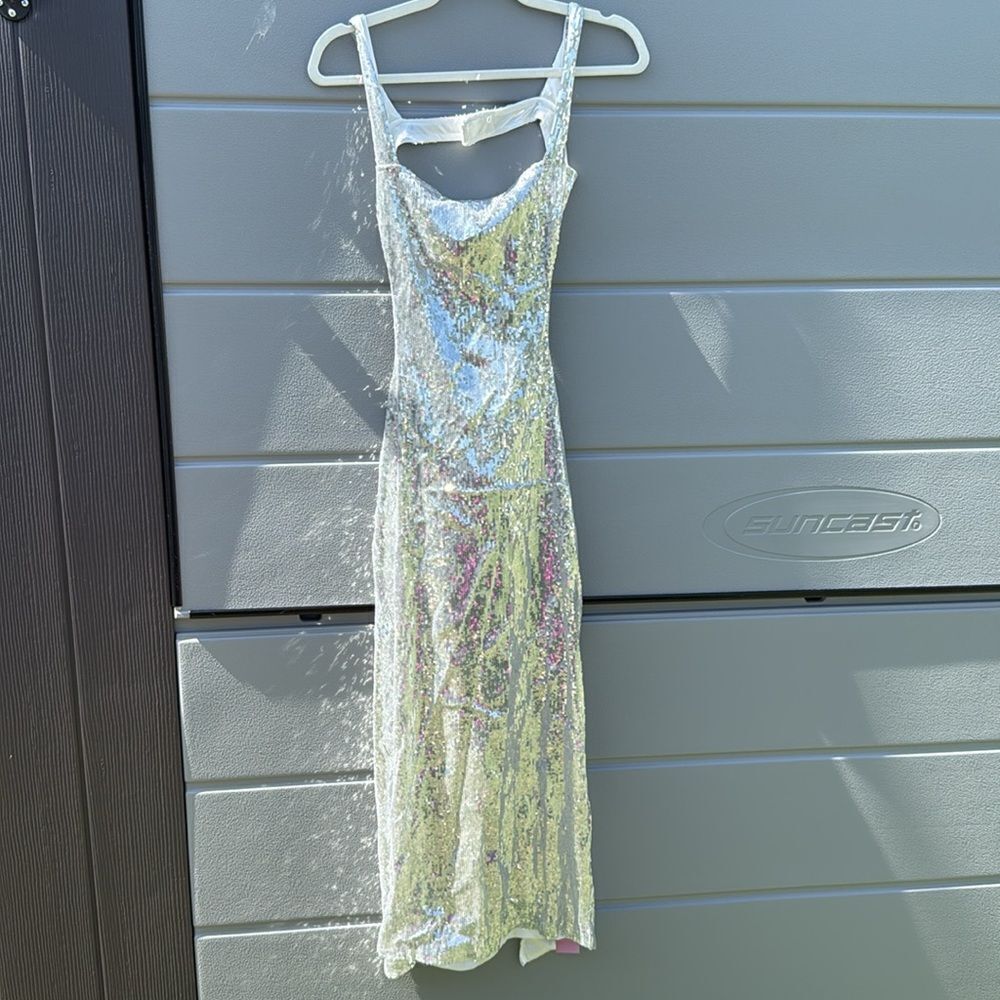 Silver Sequin Dress - Backless - BRAND NEW - Size Small - Backslit Long Dress